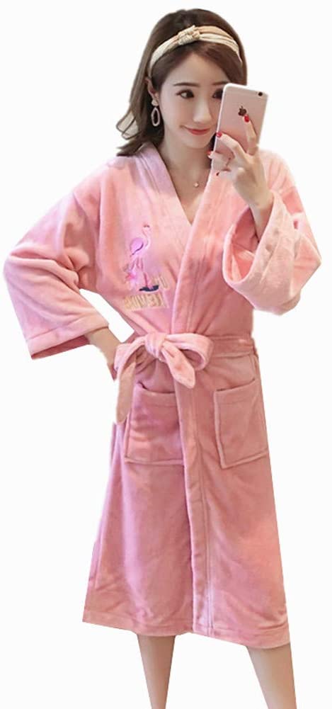 Price:$26.99    KKING Women's Long Flannel Flamingo Robe Plush Warm Dressing Gown Super Soft Pink  Clothing