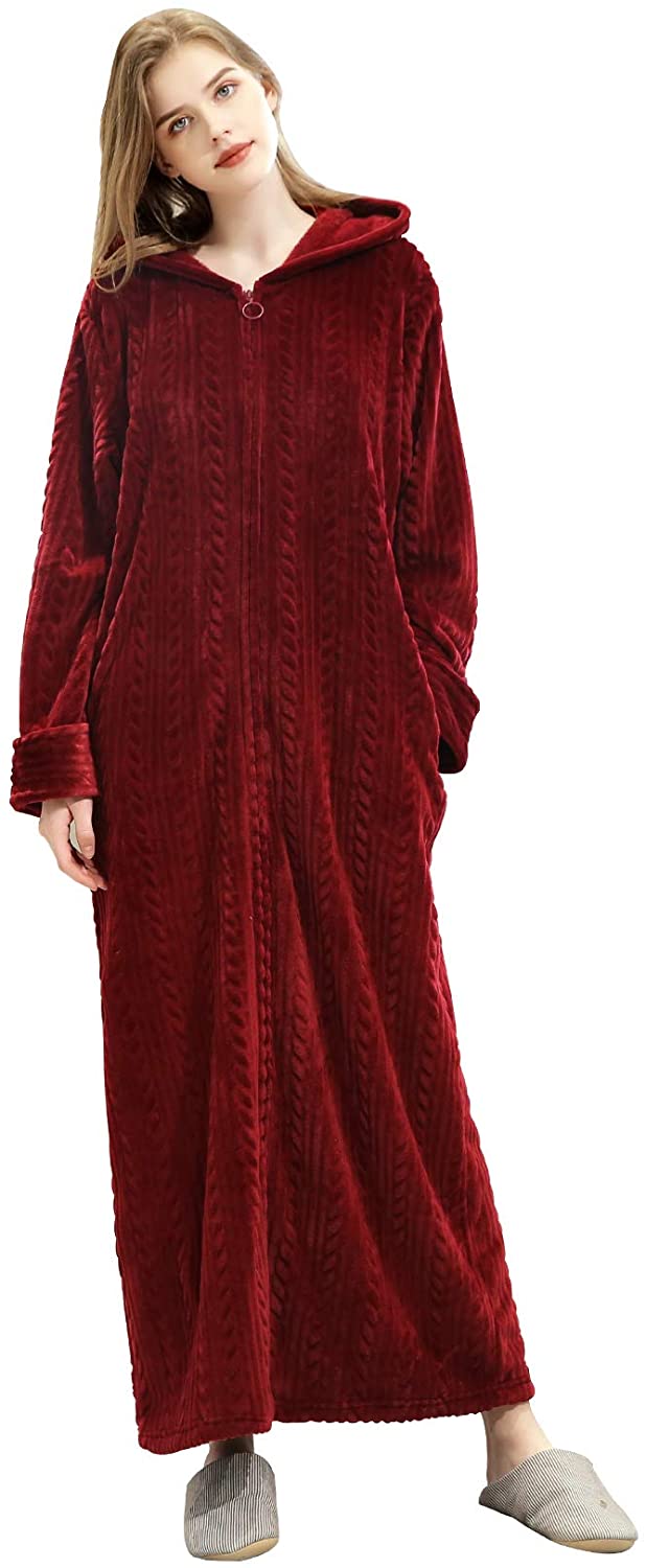 Price:$35.99 FEOYA Womens Zip Robe with Hood Fuzzy Long Bathrobe Fleece Warm Housecoats Soft Plush Flannel Nightgown at Amazon Women’s Clothing store