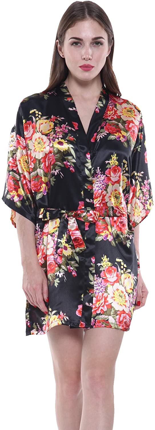 Price:$10.99 JOYTTON Women's Satin Floral Kimono Wedding Bridesmaid Getting Ready Robe Short at Amazon Women’s Clothing store