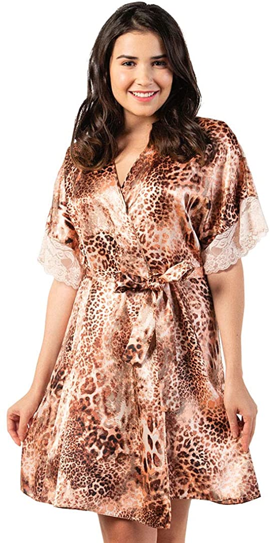 Price:$9.99 momomio Lace Satin Robe (S, Peach Leopard) at Amazon Women’s Clothing store