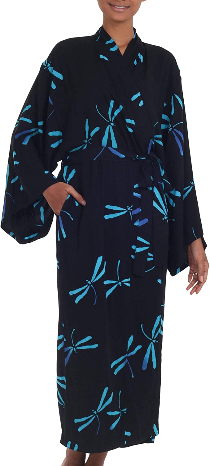 Price:$59.99 NOVICA Rayon Batik Robe, Night Dragonflies' Black, Blue at Amazon Women’s Clothing store