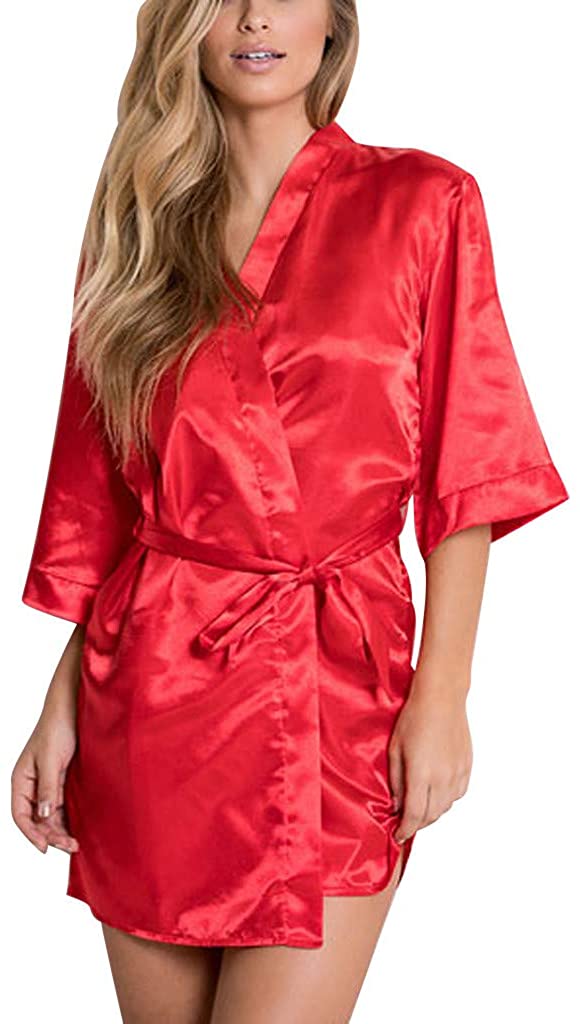 Price:$1.68 VEFSU Fashion Silk Satin Solid Kimono Robes Bathrobe Wrap Sleepwear Lace-up Clothes for Women at Amazon Women’s Clothing store