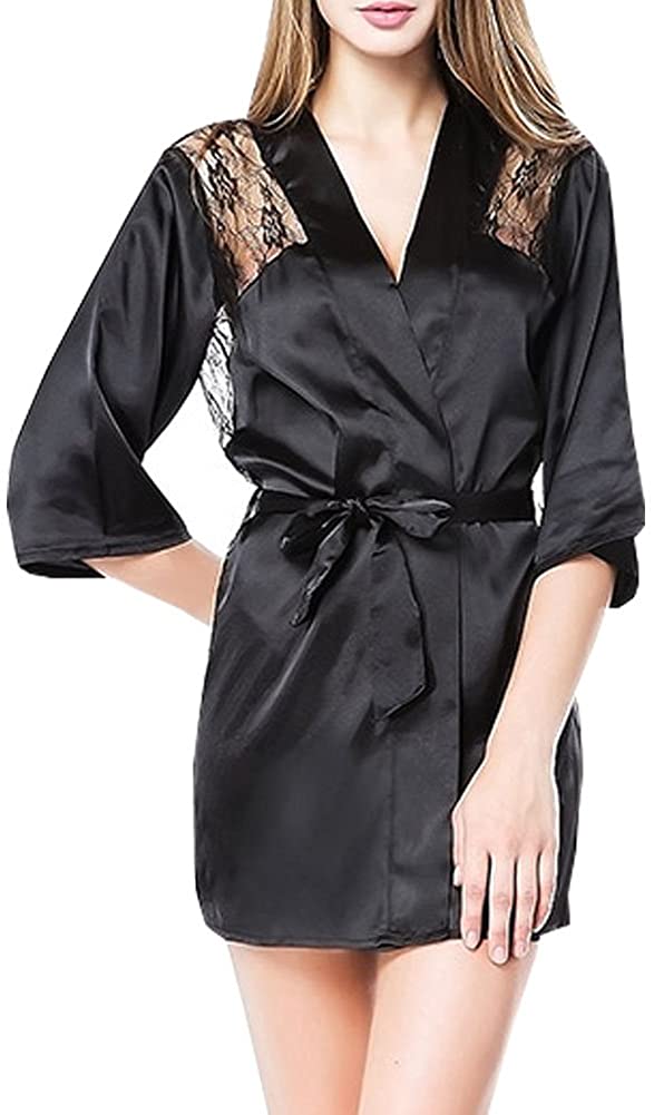 Price:$9.90 Women Black Stain Kimono Robe Short Lightweight Sexy Lace Patchwork V-Neck Bathrobe US 8-10 at Amazon Women’s Clothing store