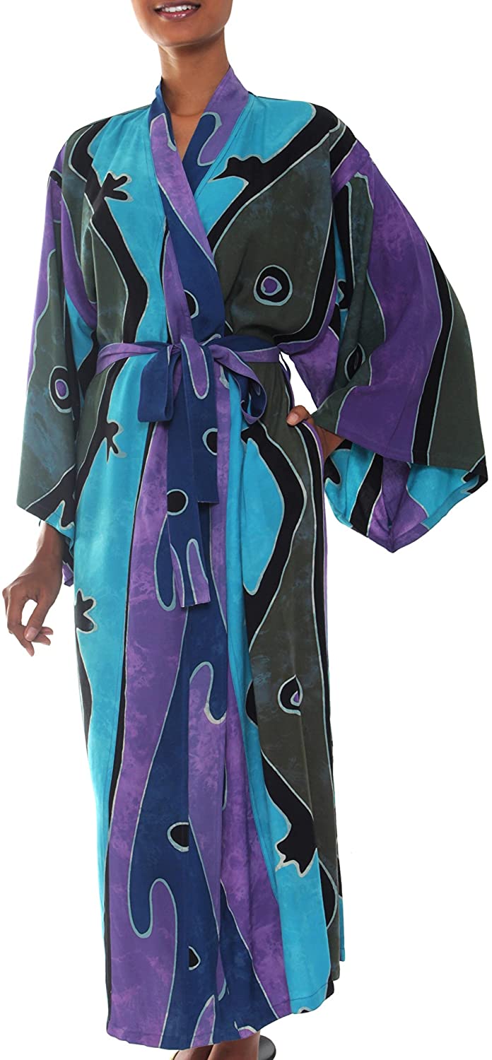 Price:$59.99 NOVICA Purple Women's Batik Long Robe, Seaside Blue' (One Size Fits Most) at Amazon Women’s Clothing store  Bathrobes