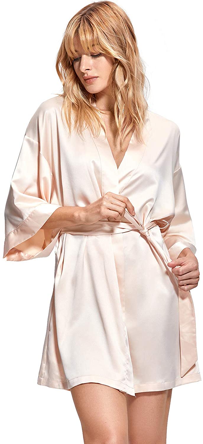 Price:$14.00 DOBREVA Women's Satin Plain Short Kimono Bridesmaid Robe Bathrobe at Amazon Women’s Clothing store
