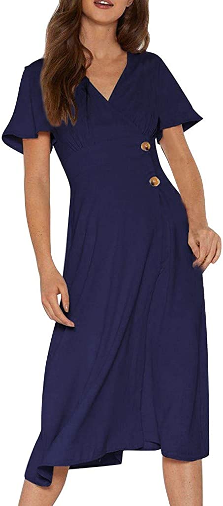 Price:$8.99    Women Short Sleeve Dress V Neck Solid Loose Fit Button Down Flowy Holiday Dress  Clothing