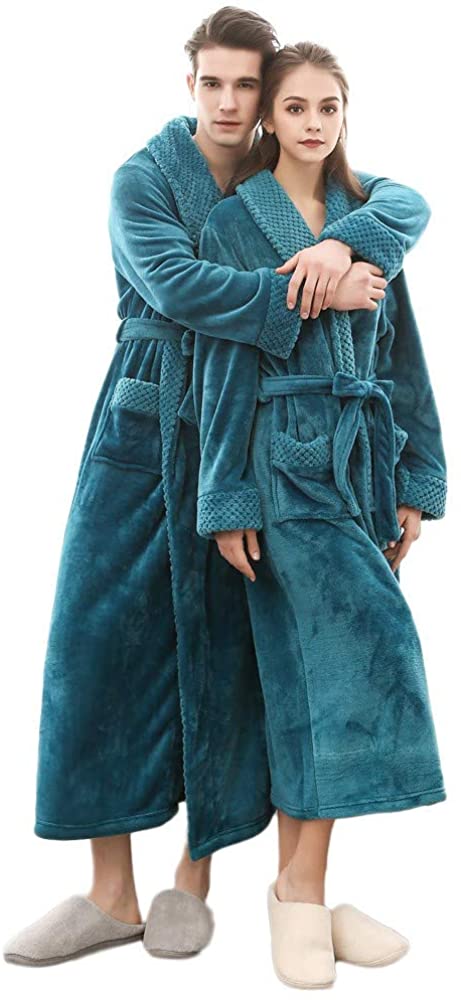 Price:$10.95 VEKDONE Unisex Adult Couples Bathrobe Soft Fleece Dressing Gown Plush Collar Shawl Long Robe Full Length Sleepwear at Amazon Women’s Clothing store