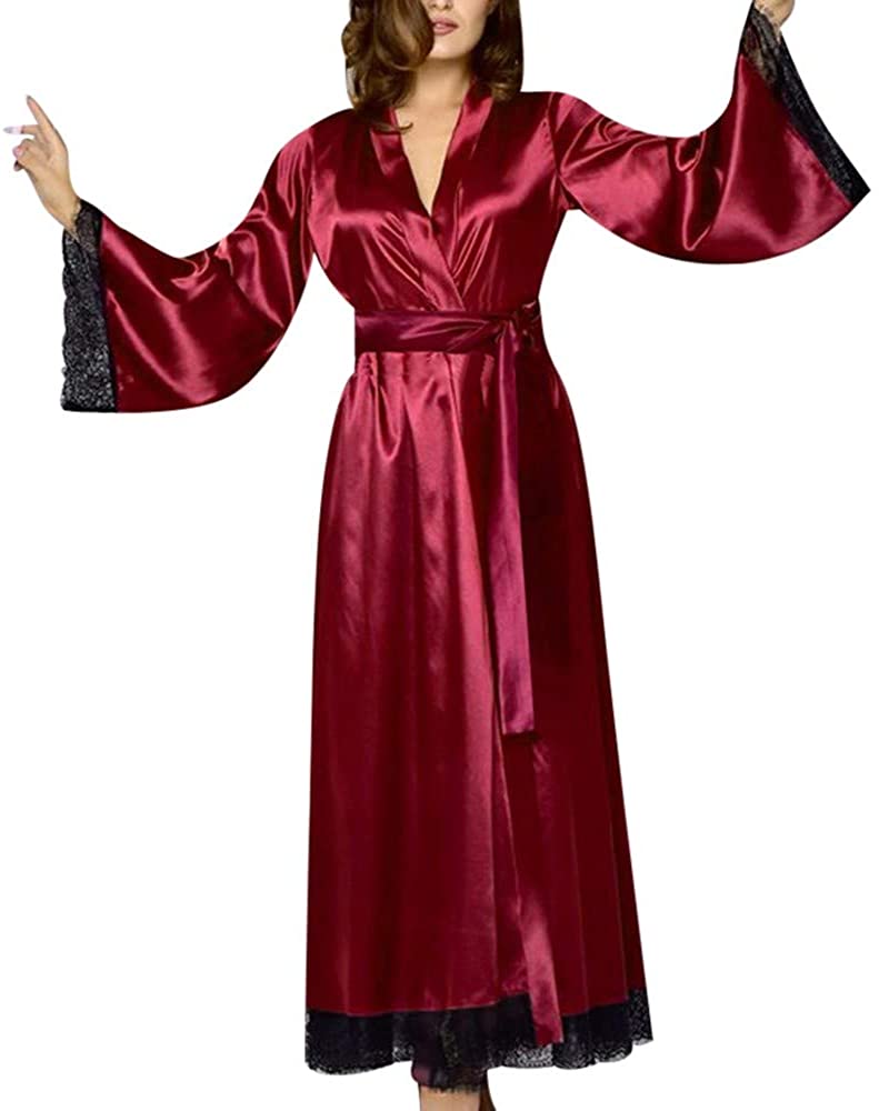 Price:$0.90 Pervobs Women Sexy Long Silk Kimono Dressing Gown Bath Robe Babydoll Lingerie Nightdress at Amazon Women’s Clothing store