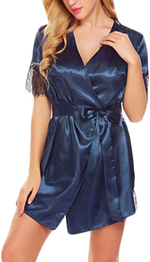 Price:$2.99 Women's Lace Trim Robe Nightwear Nightgown Sleepwear Satin Kimono Short Robe at Amazon Women’s Clothing store