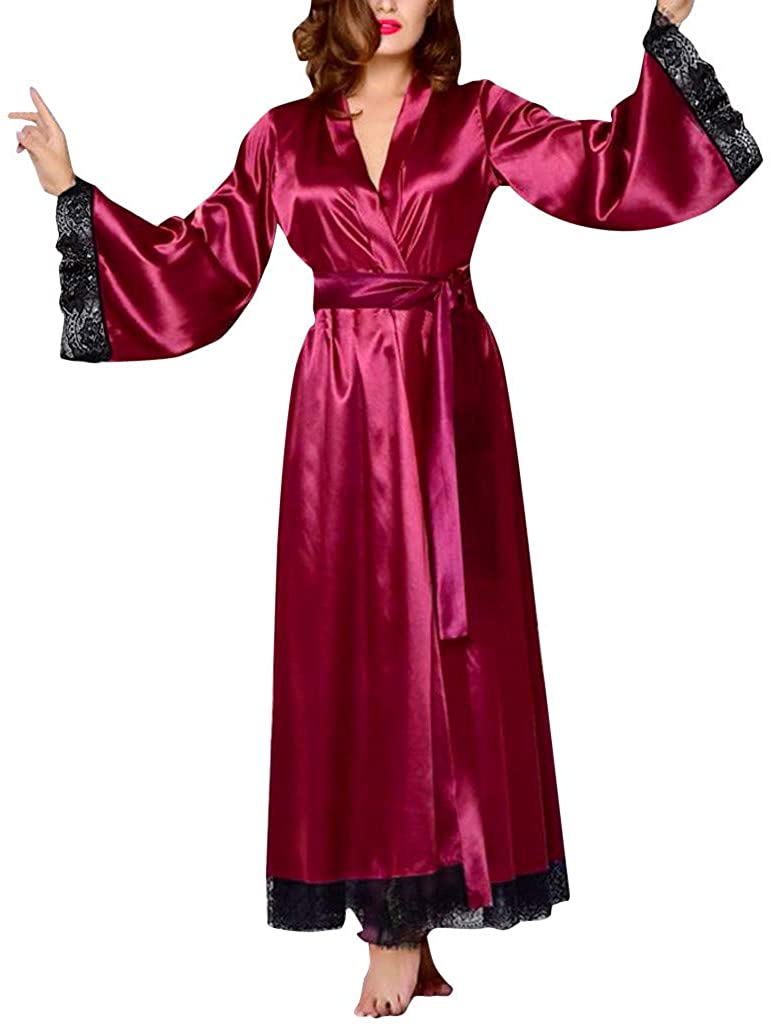 Price:$4.46 BingYELH Womens Lace Trim Satin Kimono Robes Long Satin Dressing Gown Bathrobe Sleepwear Loungewear at Amazon Women’s Clothing store