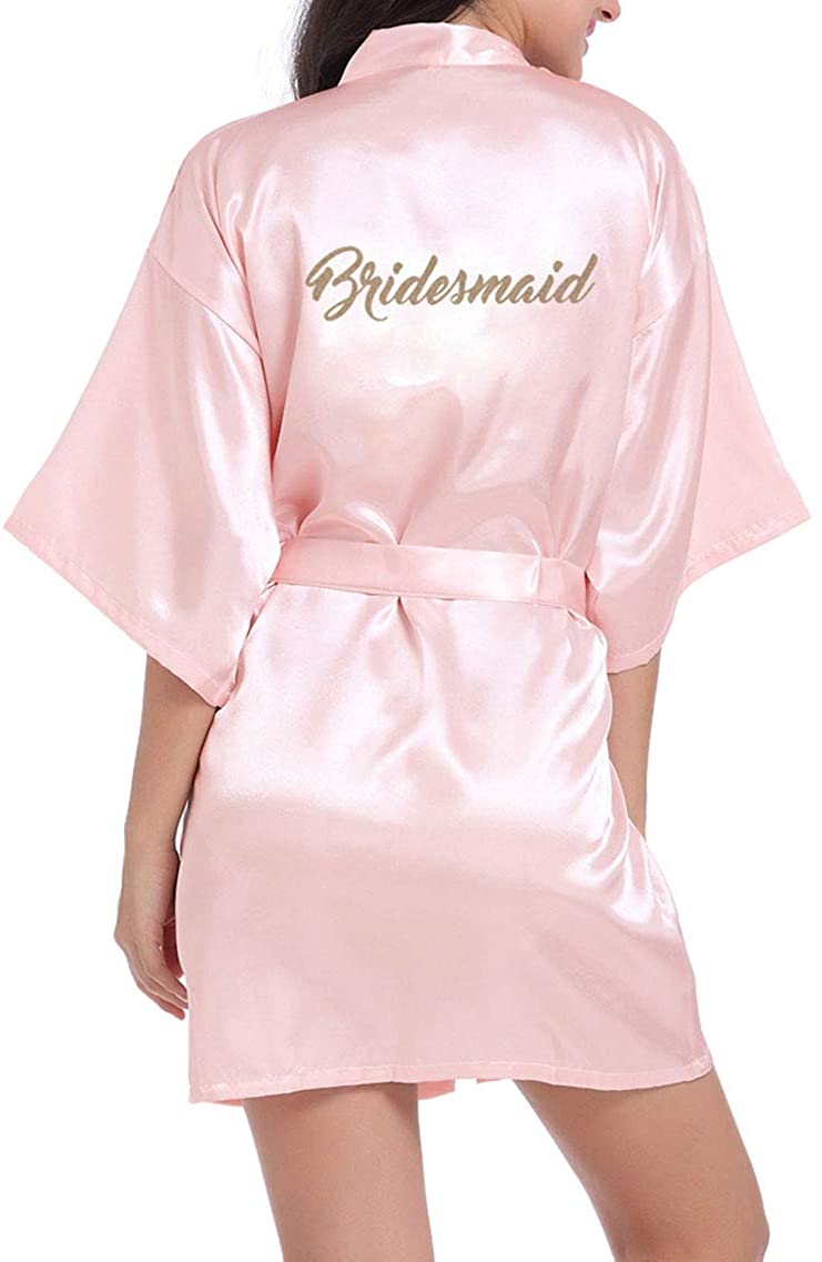 Price:$15.99 Women Satin Robes Bride Bridesmaid Kimono with Gold Glitter Wedding Sleepwear at Amazon Women’s Clothing store