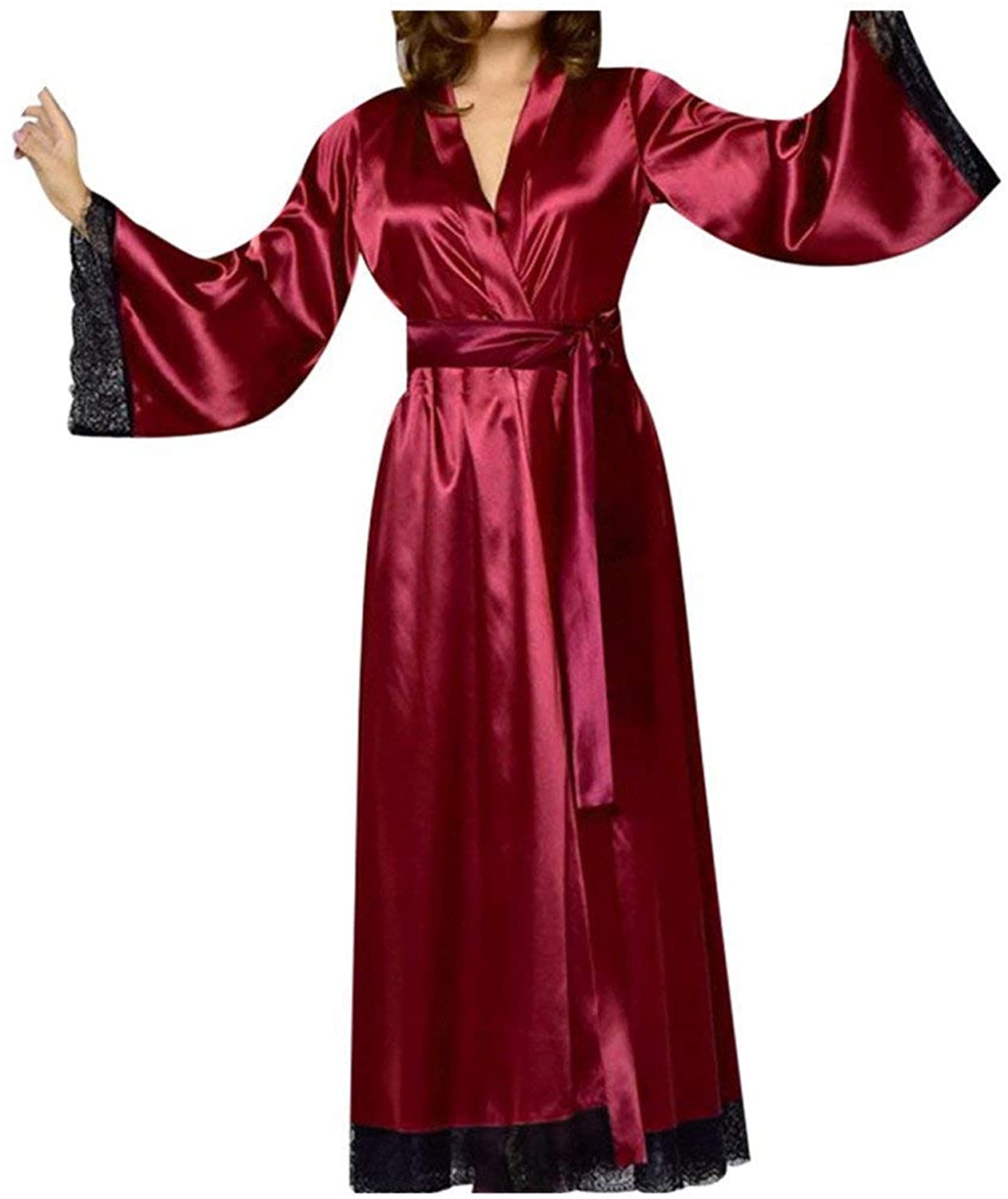 Price:$21.46 Women's Sexy Silk Satin Robe Bathrobe Baby Dress Underwear Nightdress Lace Stitching Long Bathrobe at Amazon Women’s Clothing store