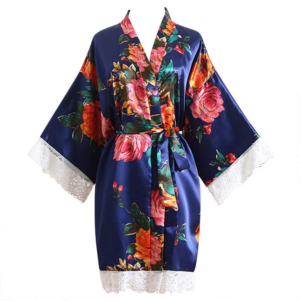 Price:$0.99 Floral Robes for Bridesmaids, Satin Kimono Short Bathrobe for Wedding Party，Silk Dressing Gown with Belt Tigivemen Navy at Amazon Women’s Clothing store