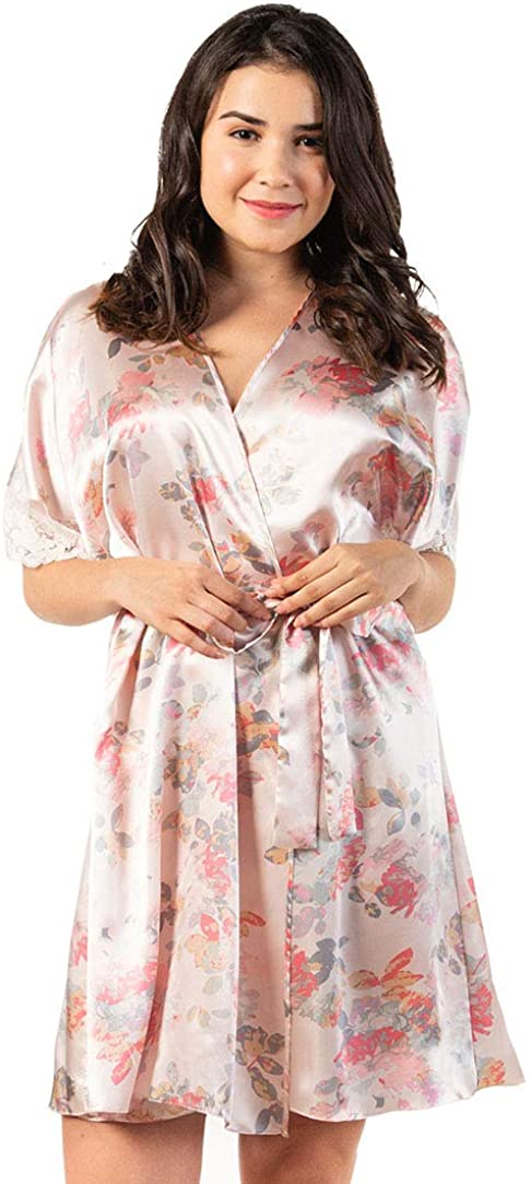 Price:$9.99 momomio Lace Satin Robe (XL, Wild Flowers) at Amazon Women’s Clothing store