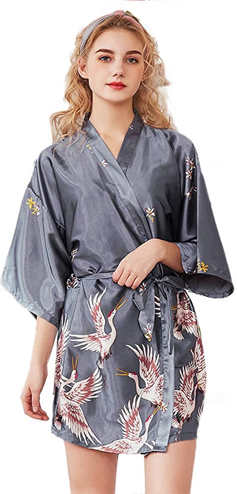 Price:$12.99 Women's Crane Print Wrap Front Satin Kimono Robes Sexy Nights Short Pajamas at Amazon Women’s Clothing store