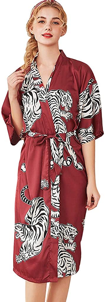 Price:$7.39 Severkill Women's Kimono Robe Long Tiger Printed Lotus Kimono Robe Sleepwear Silk with Pockets Long Lightweight Nightgown at Amazon Women’s Clothing store