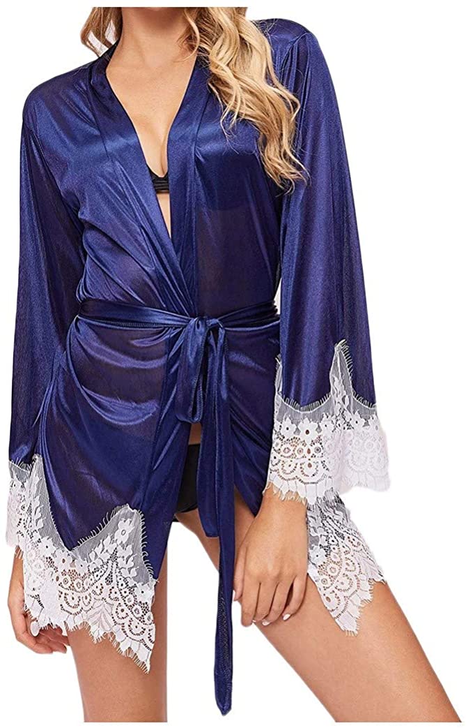 Price:$5.99 New Womens Lace Silk Long Sleeve Pajamas Sleepwear Robe with Belt Bathrobe at Amazon Women’s Clothing store