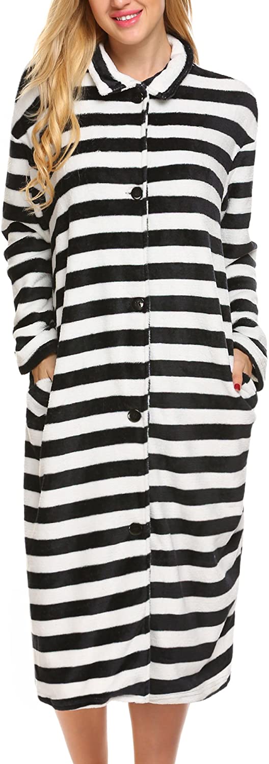 Price:$32.99 Ekouaer Robes Women’s Button Front Sleepwear Long Bathrobe Ultra-Soft Fleece Loungewear S-XXL at Amazon Women’s Clothing store