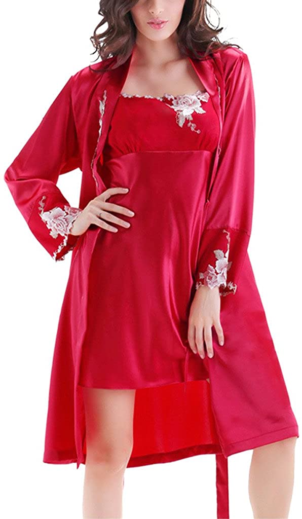 Price:$39.99 Women's Silk Like Applique Embroidered Nightgown and Robe Set Red 12 at Amazon Women’s Clothing store