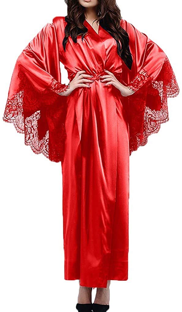 Price:$3.69 MISYAA Kimono Robes for Women, Satin Long Bell Sleeve Lace Patchwork Bathrobe Breathable Lingerie Sleepwear Cardigan at Amazon Women’s Clothing store
