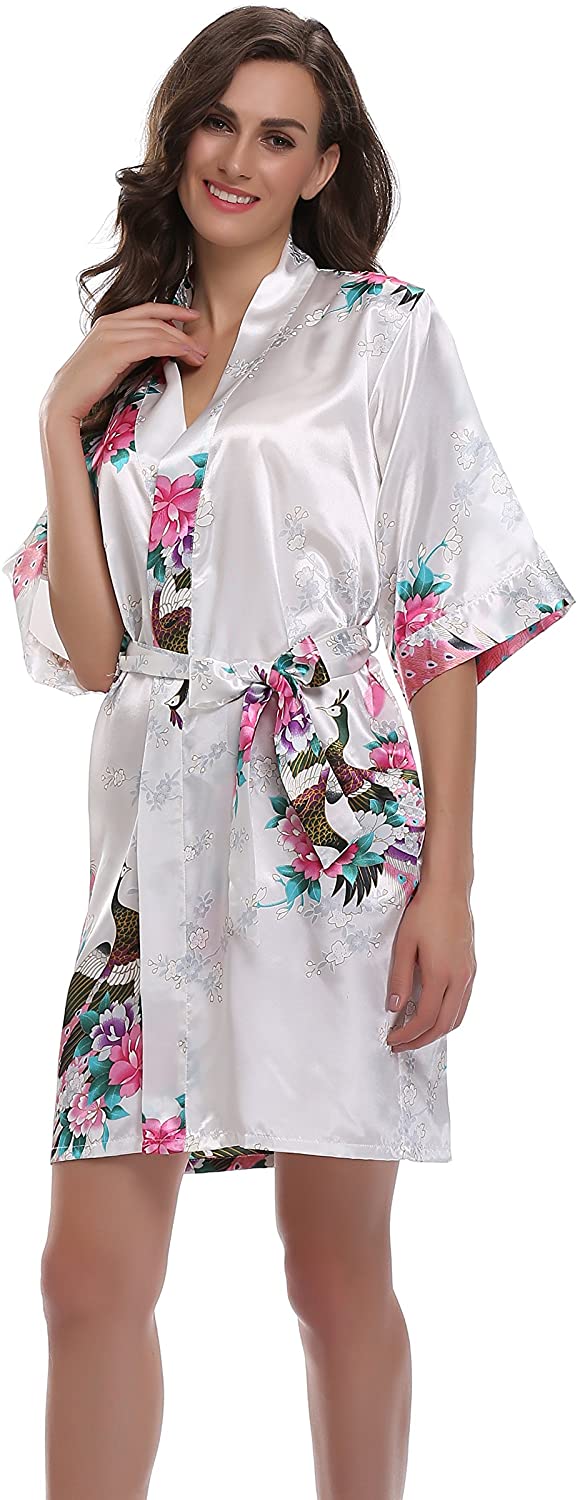 Price:$14.49 Sunnyhu Women's Kimono Robe, Peacock & Blossoms Design, Short at Amazon Women’s Clothing store