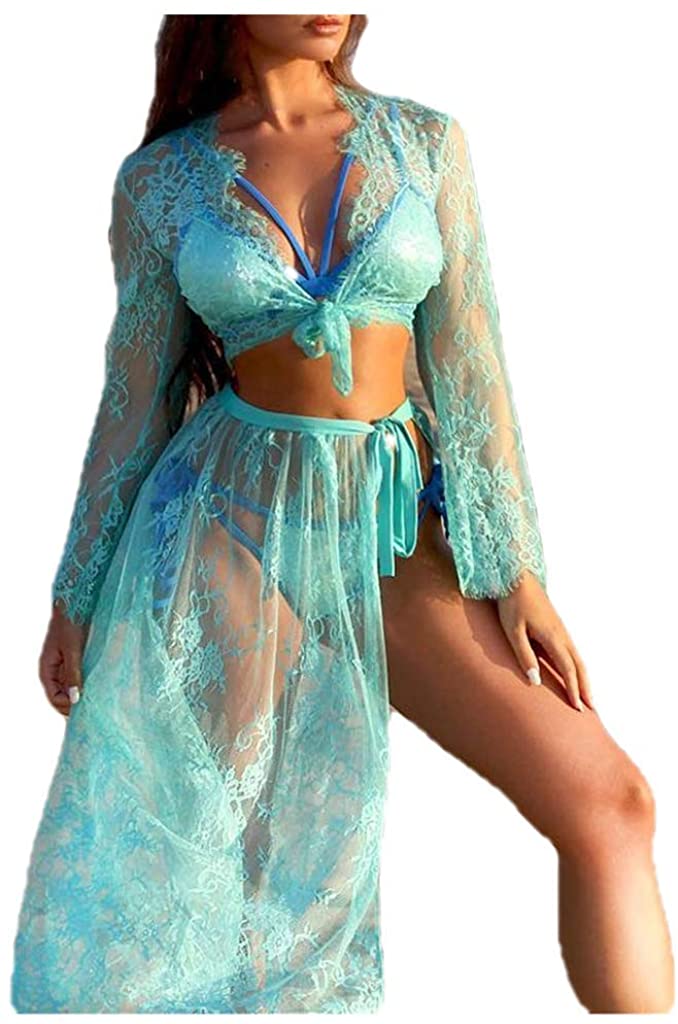 Price:$16.37 SUNyongsh New Women Sexy Mesh Long Ruffle Robe Bathrobe Lingerie Sleepwear Belt Pajamas at Amazon Women’s Clothing store