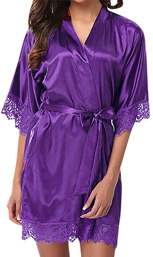 Price:$9.09 HebeTop Women Lingerie Robe Satin Lace Trim Sexy Kimono Robes with Inside Ties at Amazon Women’s Clothing store