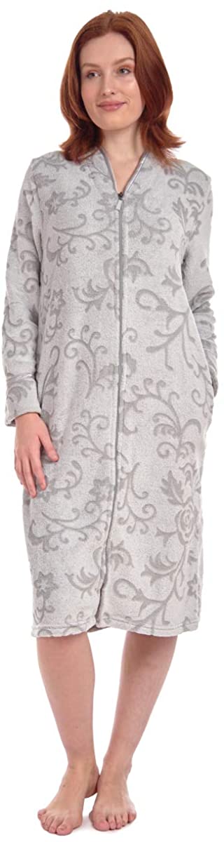 Price:$25.99 Ezi Women's Jacquard V-Neck Plush Full Zip Robe at Amazon Women’s Clothing store