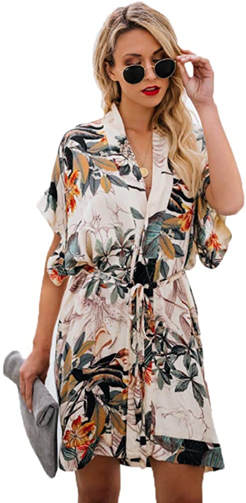 Price:$16.55 PEIQI Women's Sexy V Neck Summer Floral Robe with Tie Waist Kimono Short Sleeve Silk Bridal Robe at Amazon Women’s Clothing store