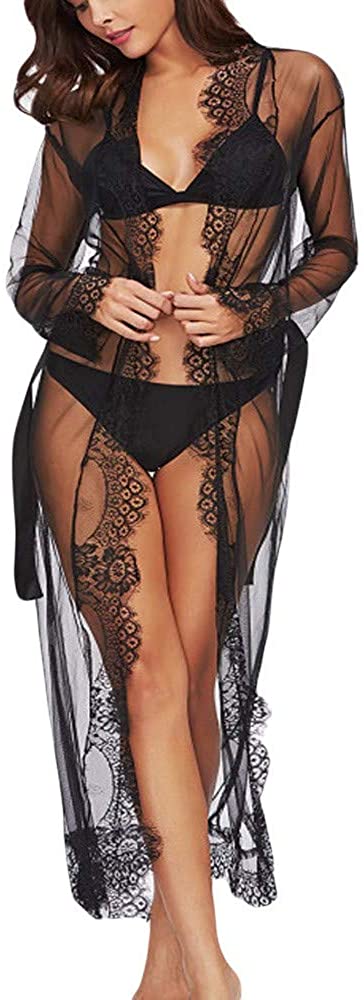 Price:$0.59 Atezch Women's Sexy Silk Kimono Dress Gown Baby Dress Lace Underwear Bathrobe Lace Stitching Long Bathrobe Robe at Amazon Women’s Clothing store