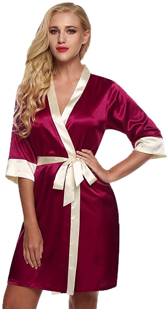 Price:$10.99 Women Pajamas Silk Gown Bathrobe Splice Cardigan Kimono Robes Soft Sleepwear Lingerie Nightwear at Amazon Women’s Clothing store