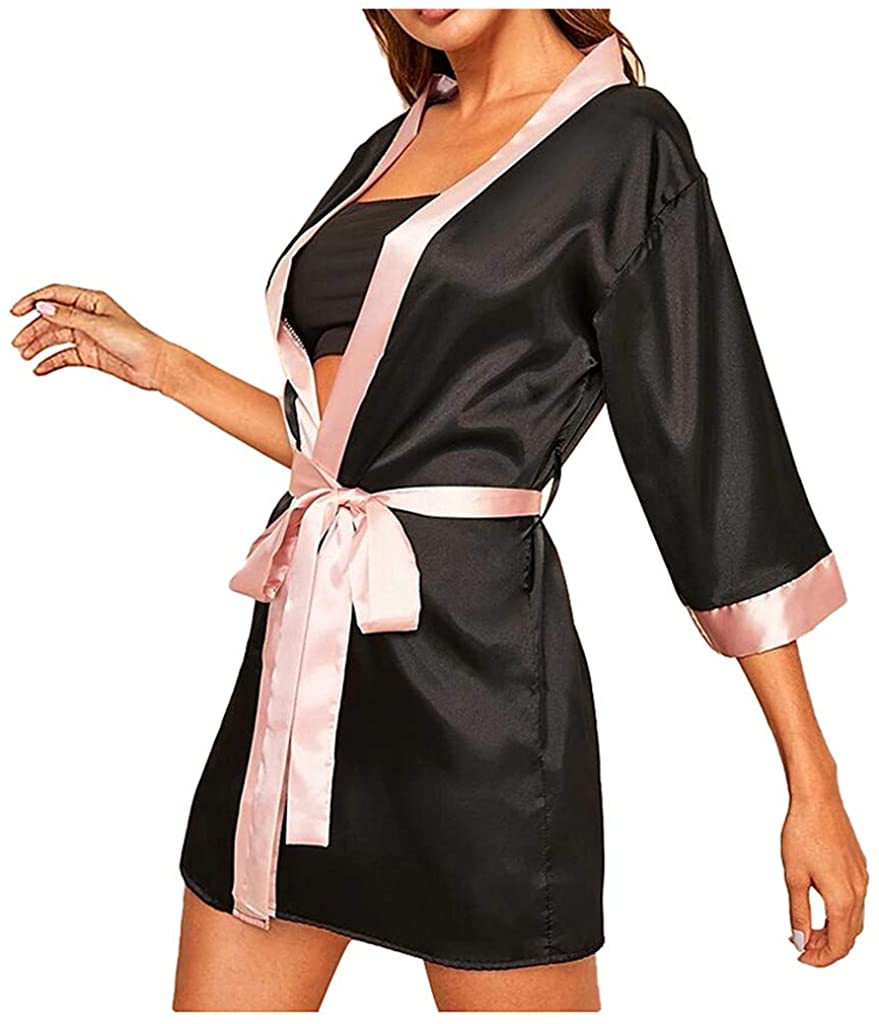 Price:$0.01 Women Satin Kimono Robes Short Bathrobe Sexy Soft Sleepwear Ladies Party Loungewear Sleepwear with Belt at Amazon Women’s Clothing store