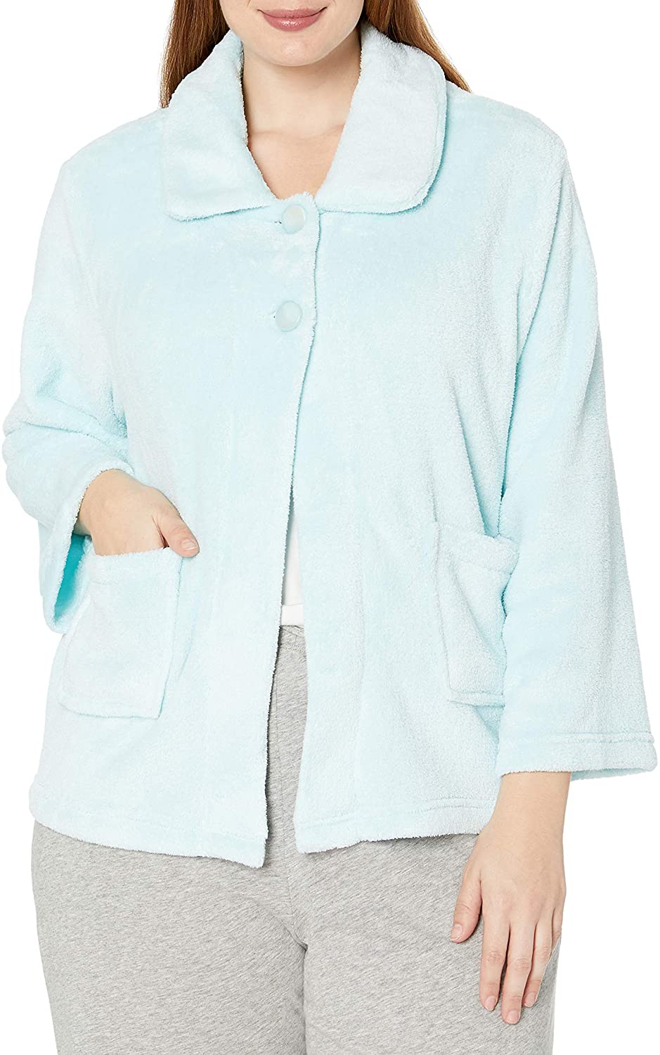 Price:$39.47 Casual Moments Women's Plus Size Bed JacketPeter Pan Collar Robe, Light Aqua, 3X at Amazon Women’s Clothing store