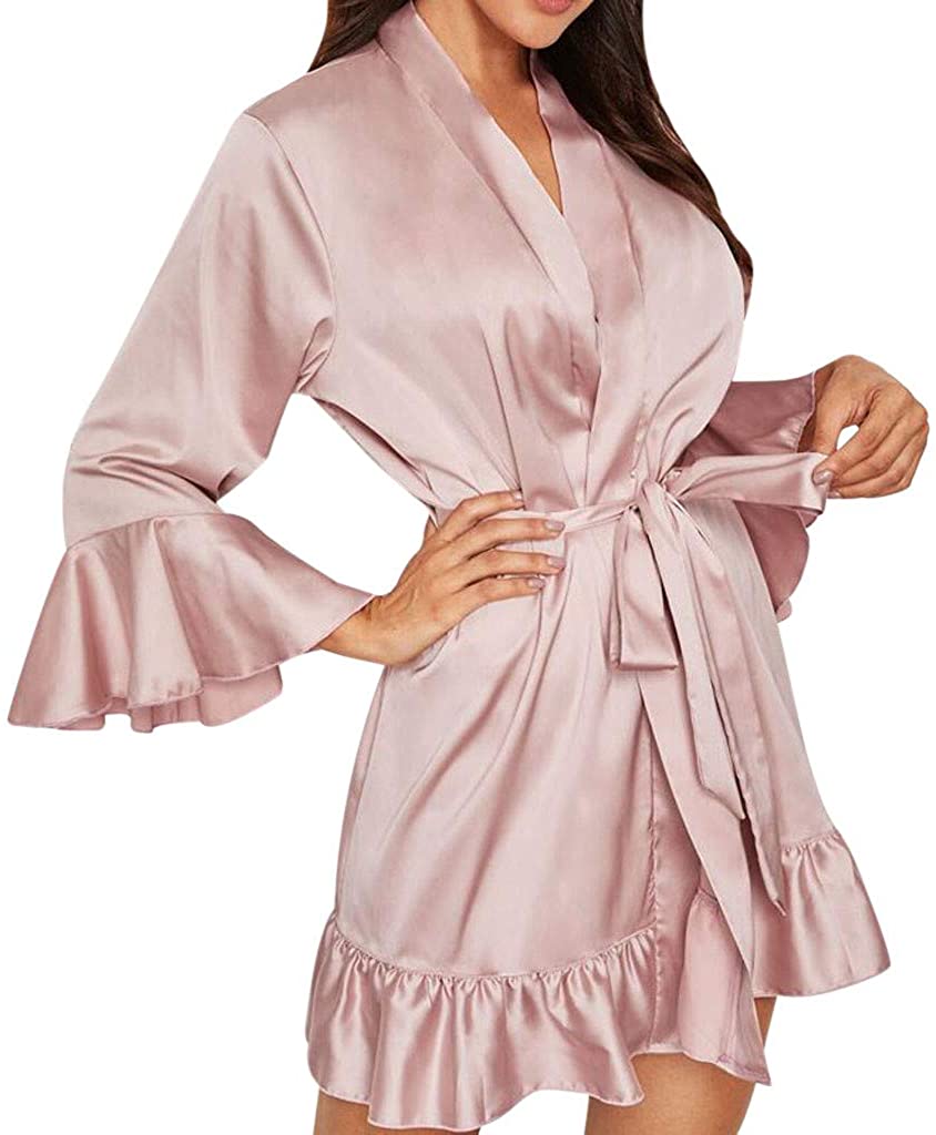 Price:$1.99 Zainafacai Women's Long Sleeve Kimono Robes Short Satin Pure Color Bridal Party Lingerie Robe with Oblique V-Neck at Amazon Women’s Clothing store