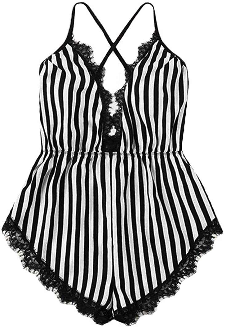Price:$7.78 Sexy Women Lace Stripe Sleepwear Deep V-Neck Bodysuit Lingerie Backless Jumpsuit at Amazon Women’s Clothing store