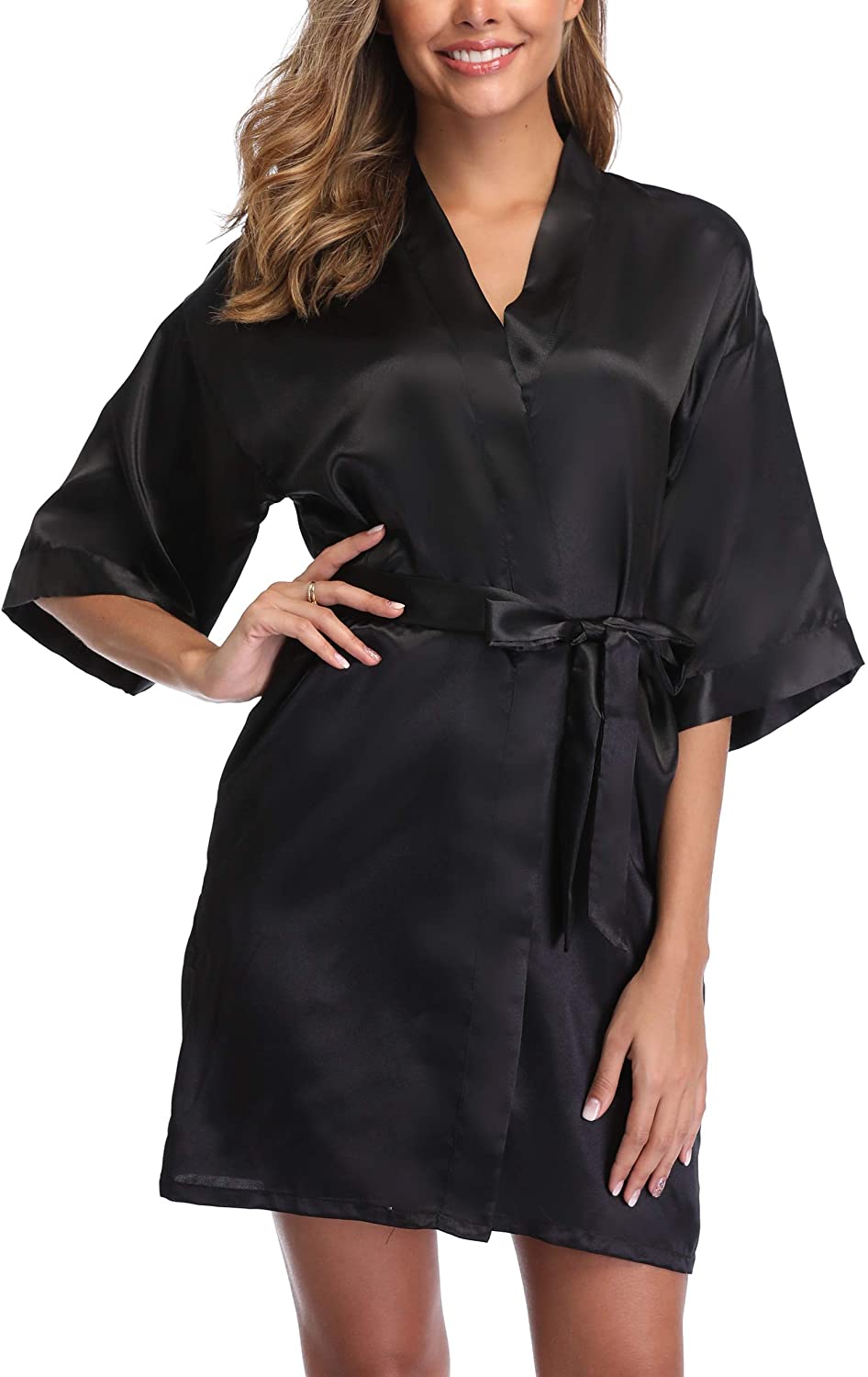 Price:$11.99 Women's Kimono Robes Short Satin Bridesmaids Wedding Dress Gown Party Robes Black at Amazon Women’s Clothing store