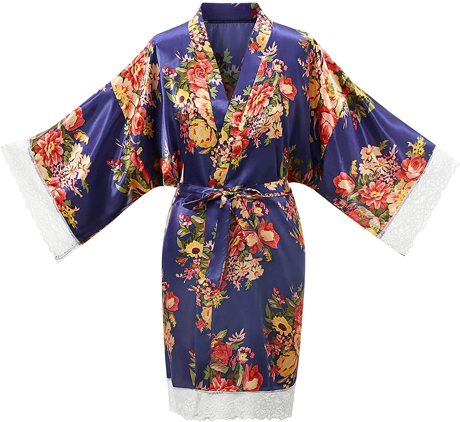 Price:$13.88 ALHAVONE Women's Bride Bridesmaid One Size Peony Silky Short Kimono Lace Robe for Wedding Getting Ready (Navy) at Amazon Women’s Clothing store