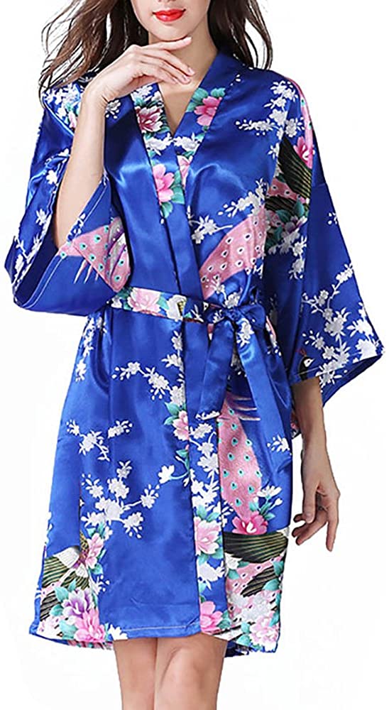 Price:$13.80 Women's Satin Kimono Robe Bathrobe Peacock Blossoms Short Sleeve Sexy Nightwear (Royal Blue) at Amazon Women’s Clothing store