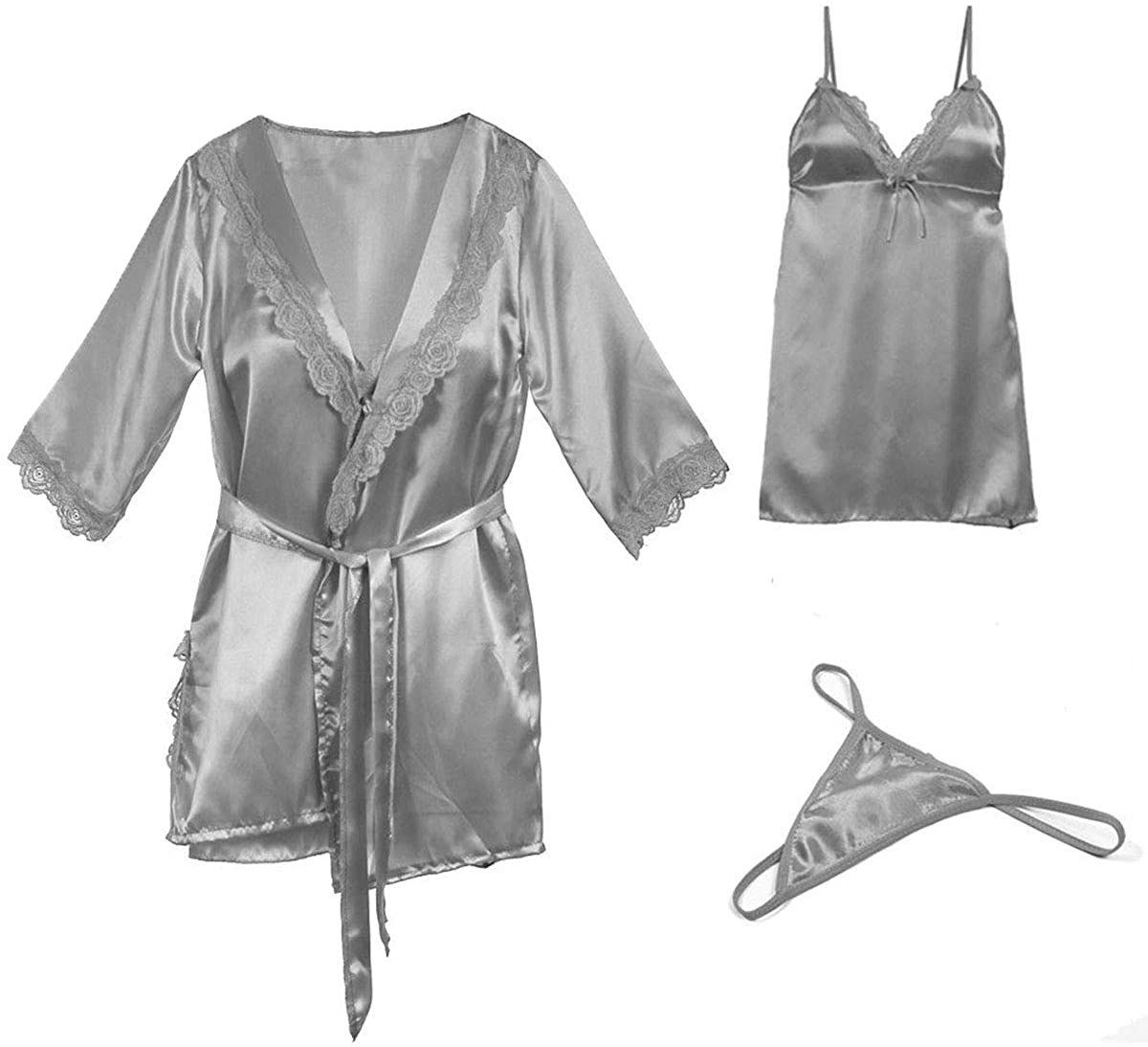 Price:$6.05 Women 3 PCS Silk Lace Sexy Kimono Robe Sling Thong Set Sleepwear at Amazon Women’s Clothing store