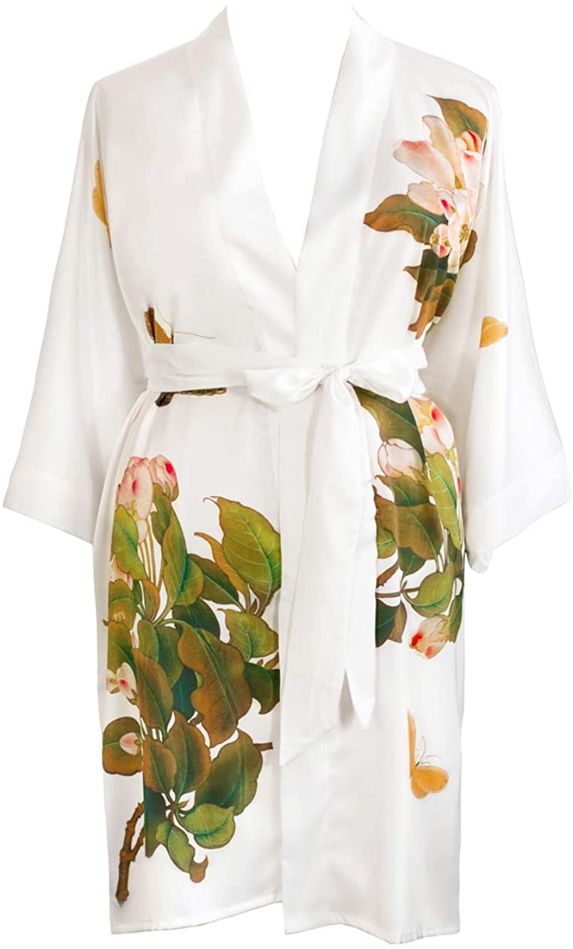Price:$110.00 KIM+ONO Women's Plus Size Charmeuse Kimono Robe Short - Watercolor Floral - Peony & Butterfly - White at Amazon Women’s Clothing store