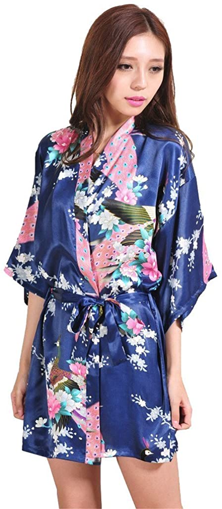 Price:$17.89 Honeystore Women's Japanese Kimono Silk Short Robe Peacock Nightgown Sleepwear at Amazon Women’s Clothing store