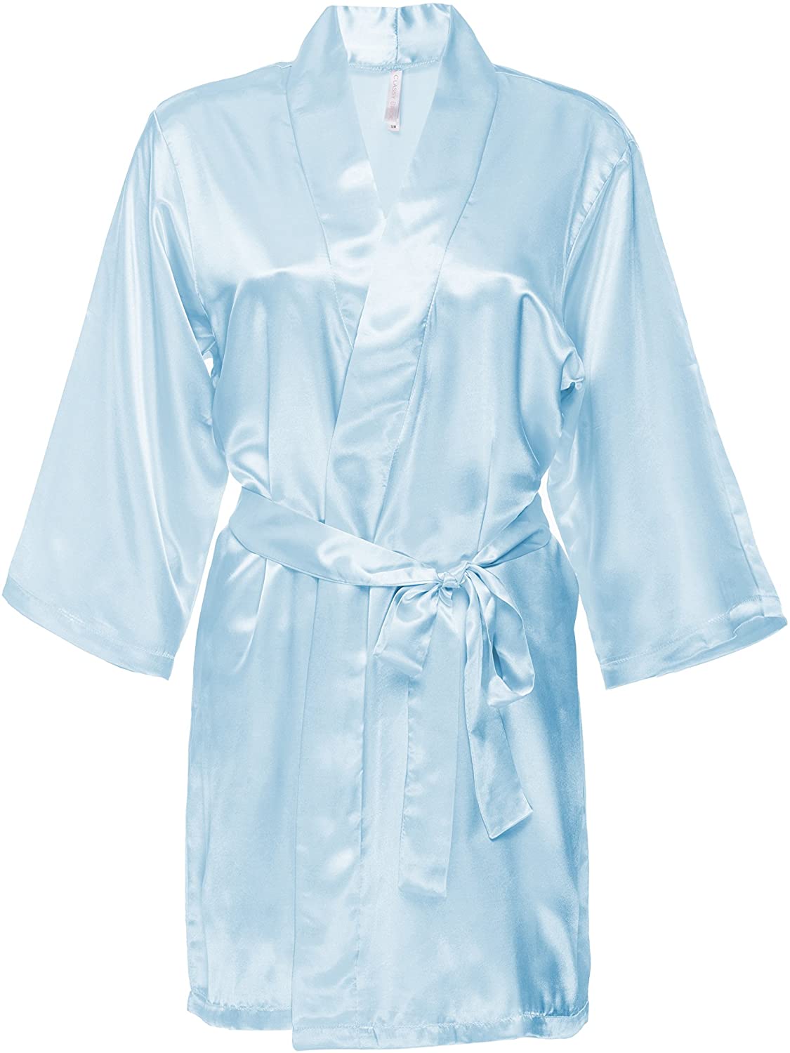 Price:$28.00 Classy Bride Women's Satin Robe - Light Aqua Blue at Amazon Women’s Clothing store