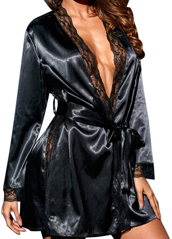 Price:$0.01 Women Sexy Kimono Bathrobe, Sales ! Lady Deep V Neck Silk Dressing Gown Bathrobe Pajamas Nightwear Bath Robe at Amazon Women’s Clothing store