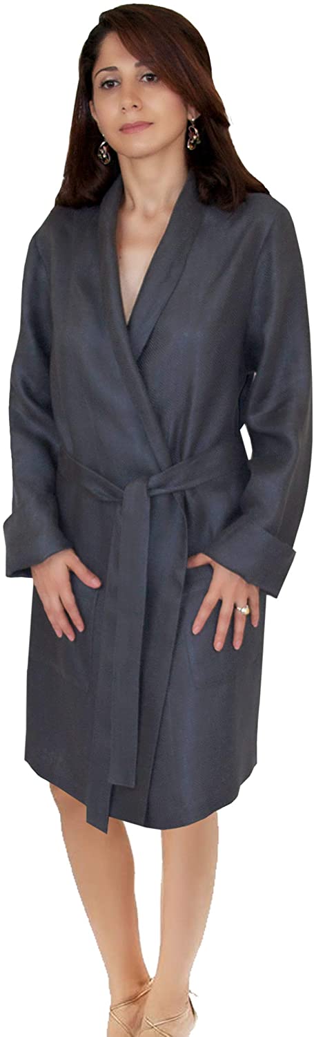 Price:$229.00 Armani International Women's Fitted Lounge Robe Sateen Linen Smokey Pearl | Made in Europe at Amazon Women’s Clothing store