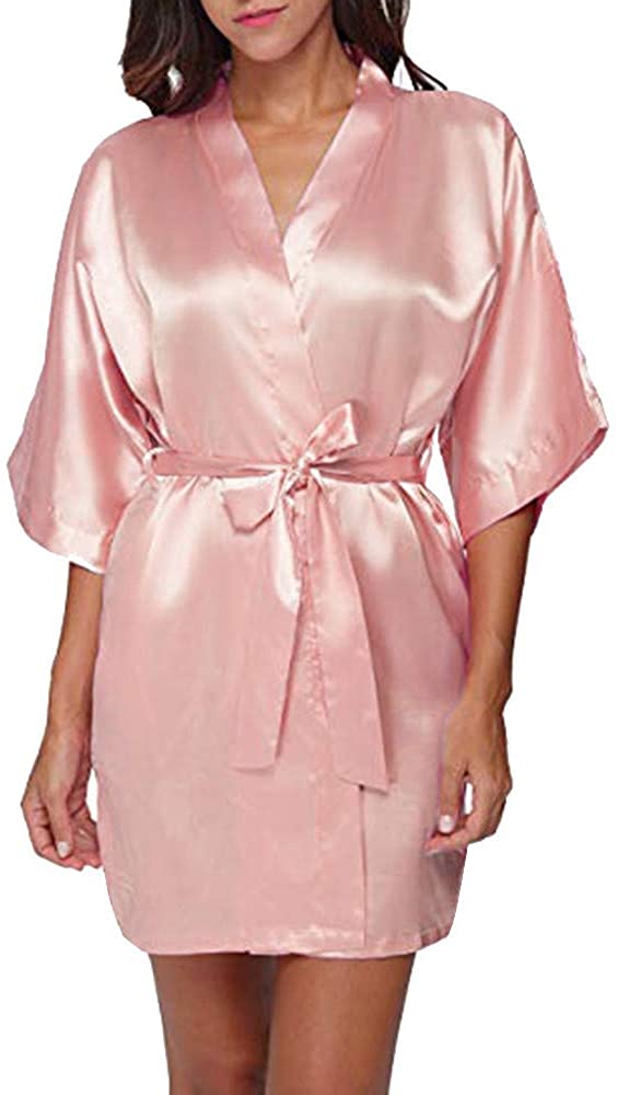 Price:$8.14 Women's Bathrobe Pure Colour Short Satin Kimono Robes with Oblique V-Neck Sleepwear at Amazon Women’s Clothing store