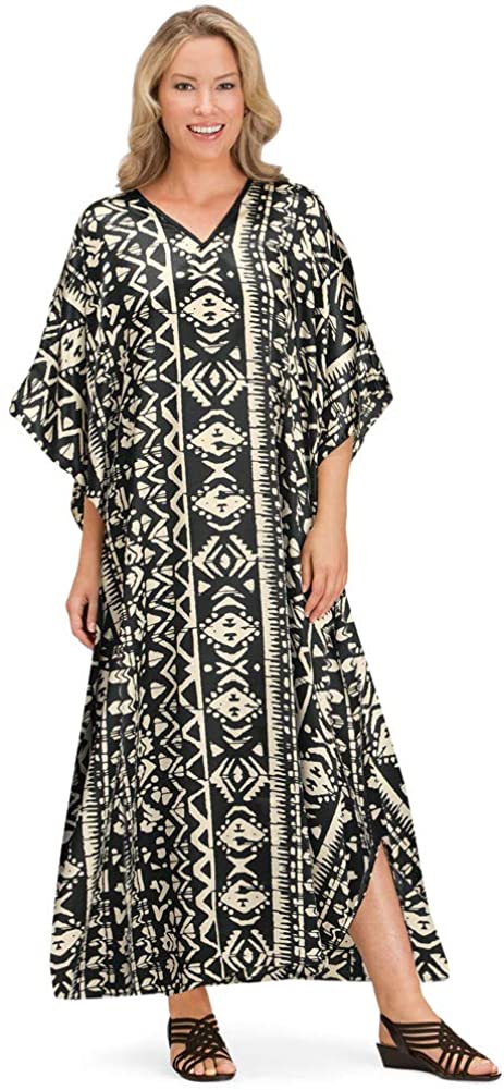 Price:$14.96 Women's Comfy Black and Ivory Printed V-Neck Caftan Lounger with Flutter Sleeves, Print, OneSize at Amazon Women’s Clothing store