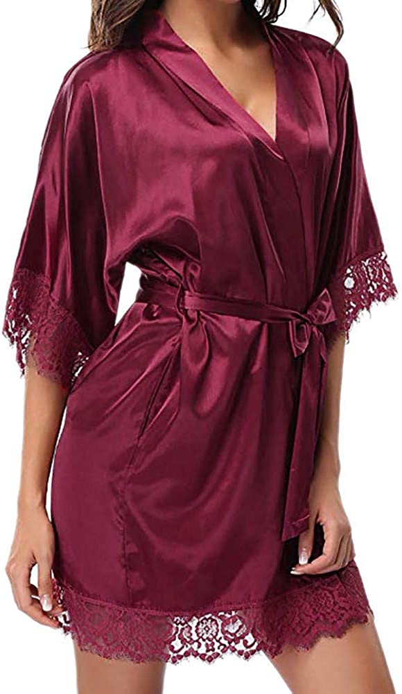 Price:$1.94 BITOPYTOPSIY Women's Satin Short Robe Kimono Lace Trim Soft Silk Bridesmaids Lingerie Sexy Pure Color Bathrobe Sleepwear at Amazon Women’s Clothing store