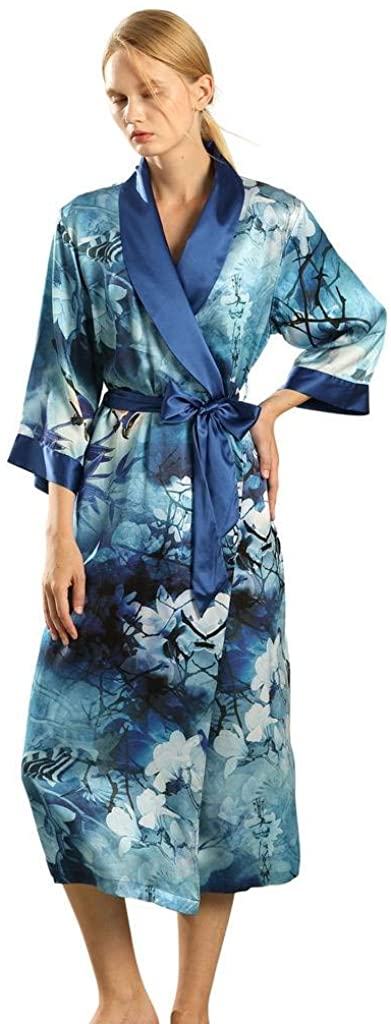 Price:$168.00 Dynasty Robes 100% Silk, Women's Printed Long Robe with Shawl Collar-Moonlight Magnolia at Amazon Women’s Clothing store