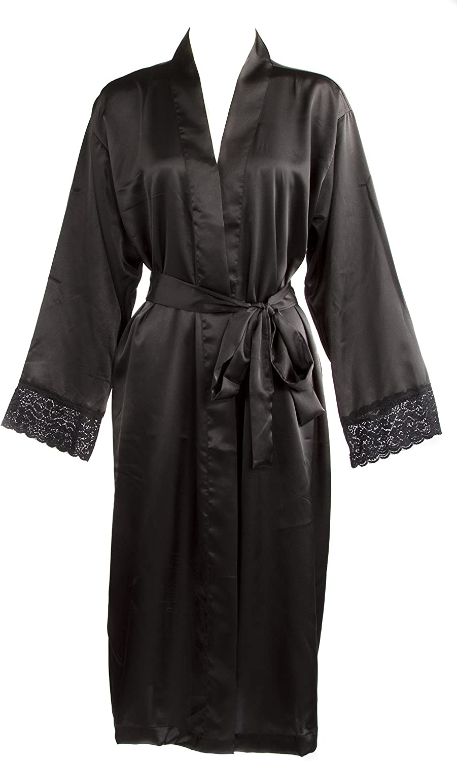 Price:$27.50 Leisureland Women Long Satin Robe with Lace Trim Black at Amazon Women’s Clothing store