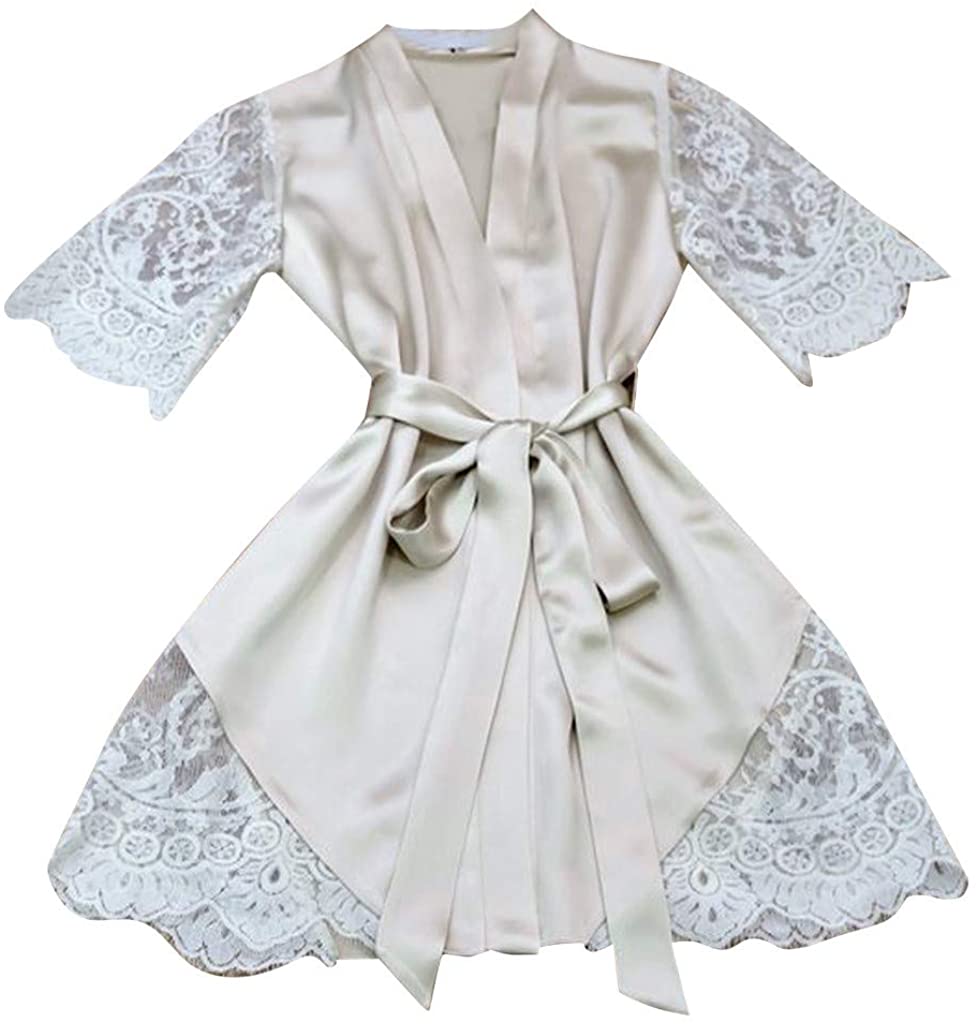 Price:$2.99 Women's Short Robe Lace Trim Satin Kimono Soft Silk Bathrobe Bridesmaids Bride Dressing Gown Loungewear at Amazon Women’s Clothing store